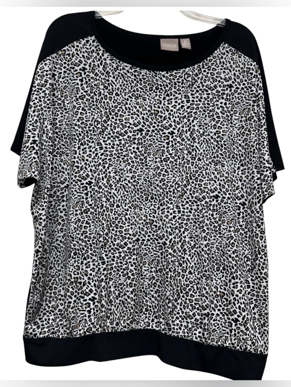 Chico's Black Women's Top SZ XL 3 animal print short sleeves banded waistband.